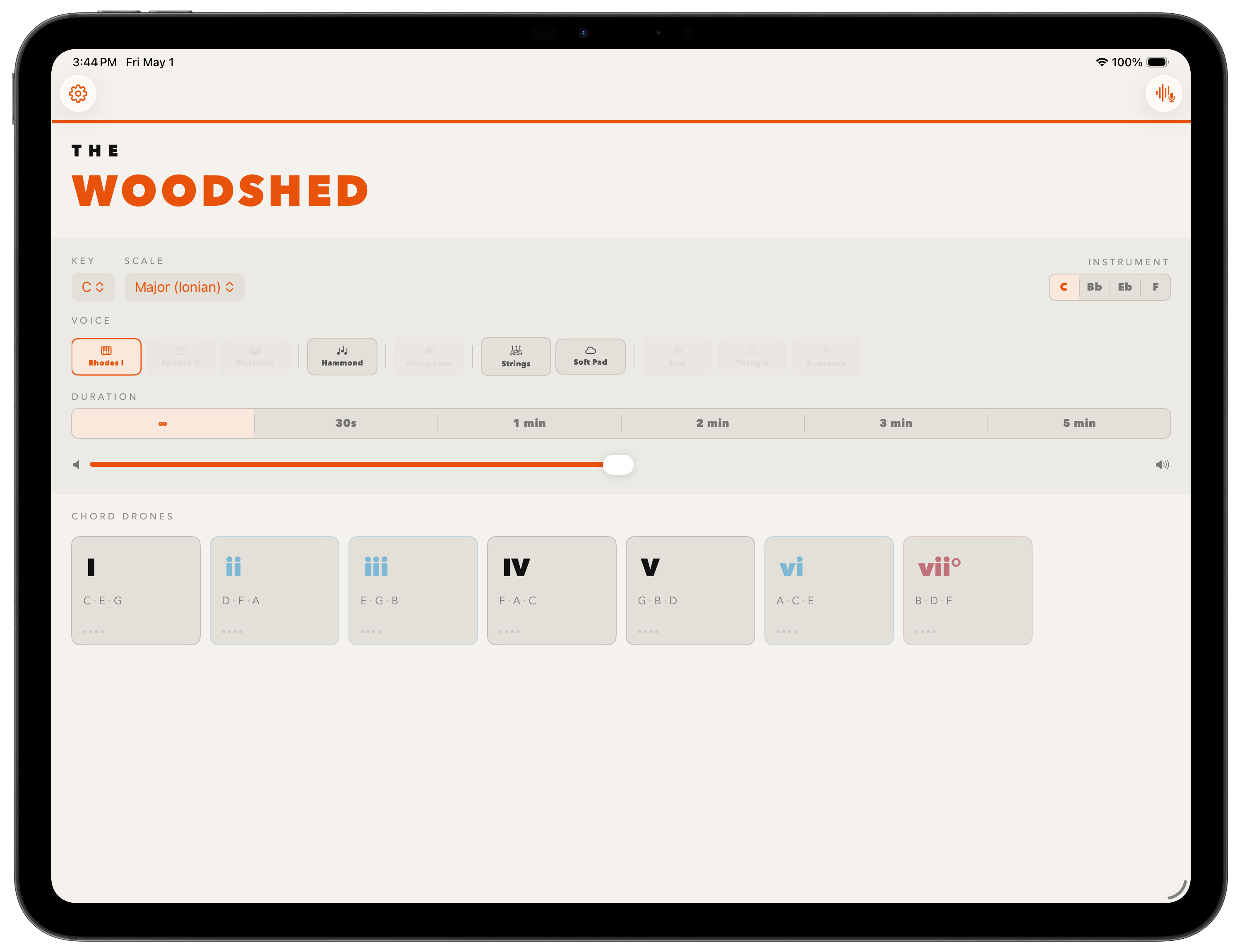 The Woodshed on iPad — main screen